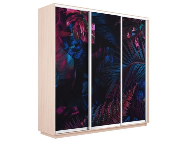 Шкаф-купе Экспресс 3-х дверный (Фото №1004 Джунгли темные), Дуб молочный